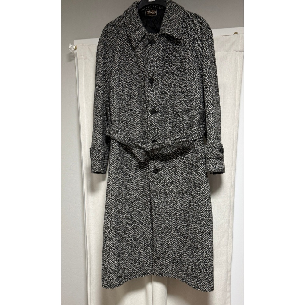 Virany Vintage Wool Blend Herringbone Belted Overcoat Black White Hungary 46
